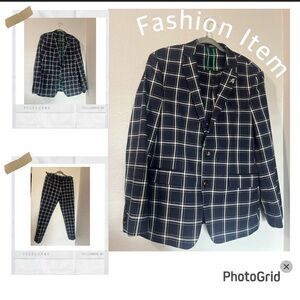 Murano Slim Fit Lucas Navy Blue & White Plaid Suit 34x32 Modern Fit + Lapel Pin